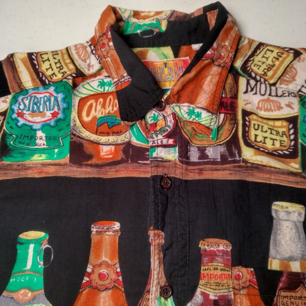 Sergio Valente Beer Shirt Men Large Black Party Brew Bottles Aloha Button Up - Picture 8 of 10
